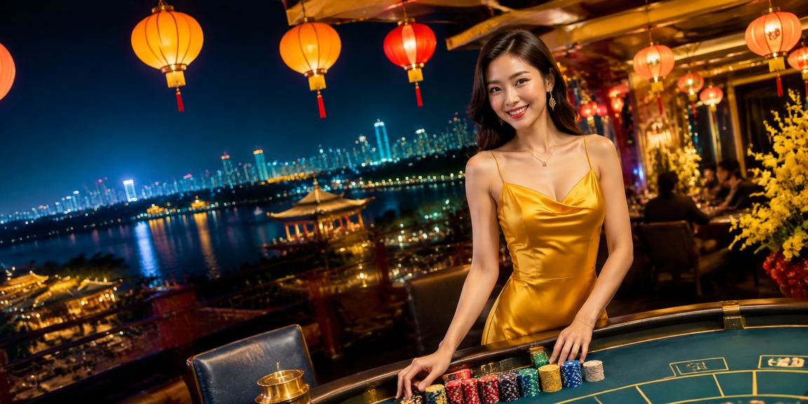 Bàn baccarat với đèn lồng truyền thống tại Hà Nội trong không gian casino